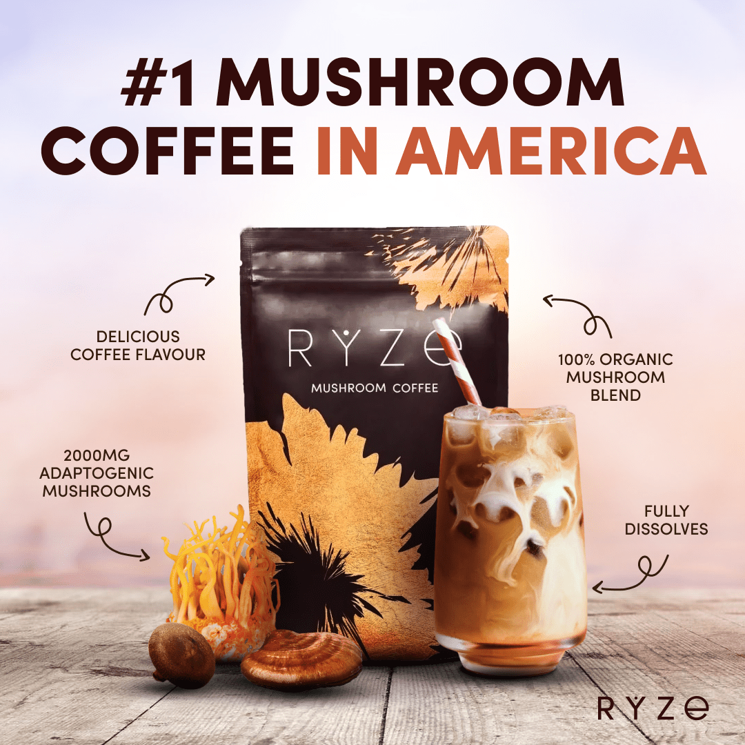 RYZE Mushroom Coffee – with 6 Organic Adaptogenic Mushrooms Grown in USA and High Potency